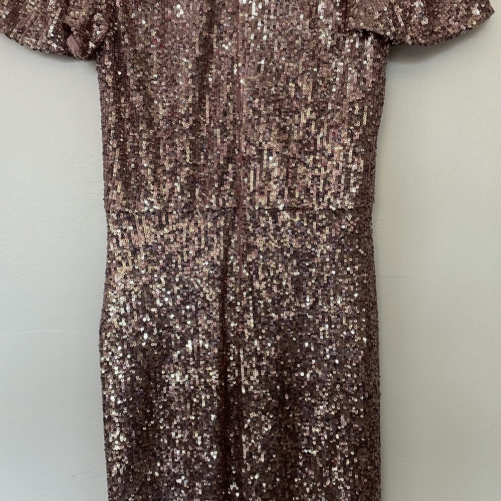 XSCAPE | Blush Pink Sequin Flutter Sleeve Surplice Tulip Midi Dress NWT Size 4 - Picture 11 of 12